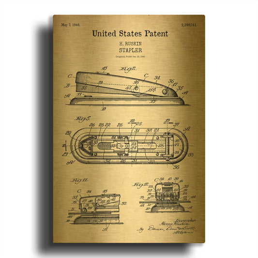 'Stapler Blueprint Patent Parchment' By LUXE Gold Metal Wall Art