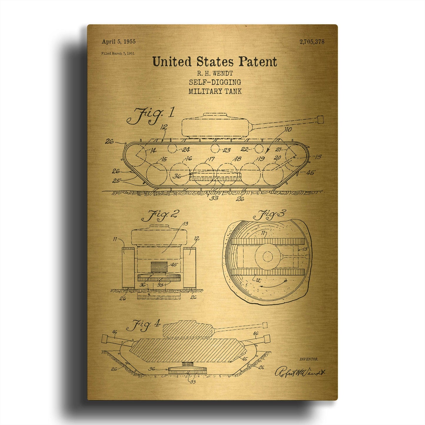 'Self-Digging Military Tank Blueprint Patent Parchment' By LUXE Gold Metal Wall Art