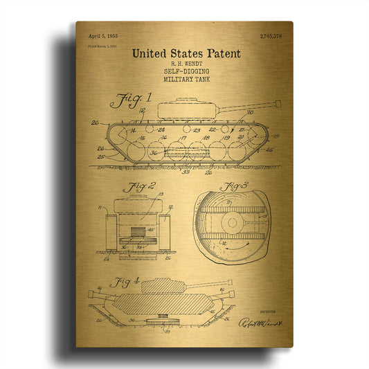 'Self-Digging Military Tank Blueprint Patent Parchment' By LUXE Gold Metal Wall Art