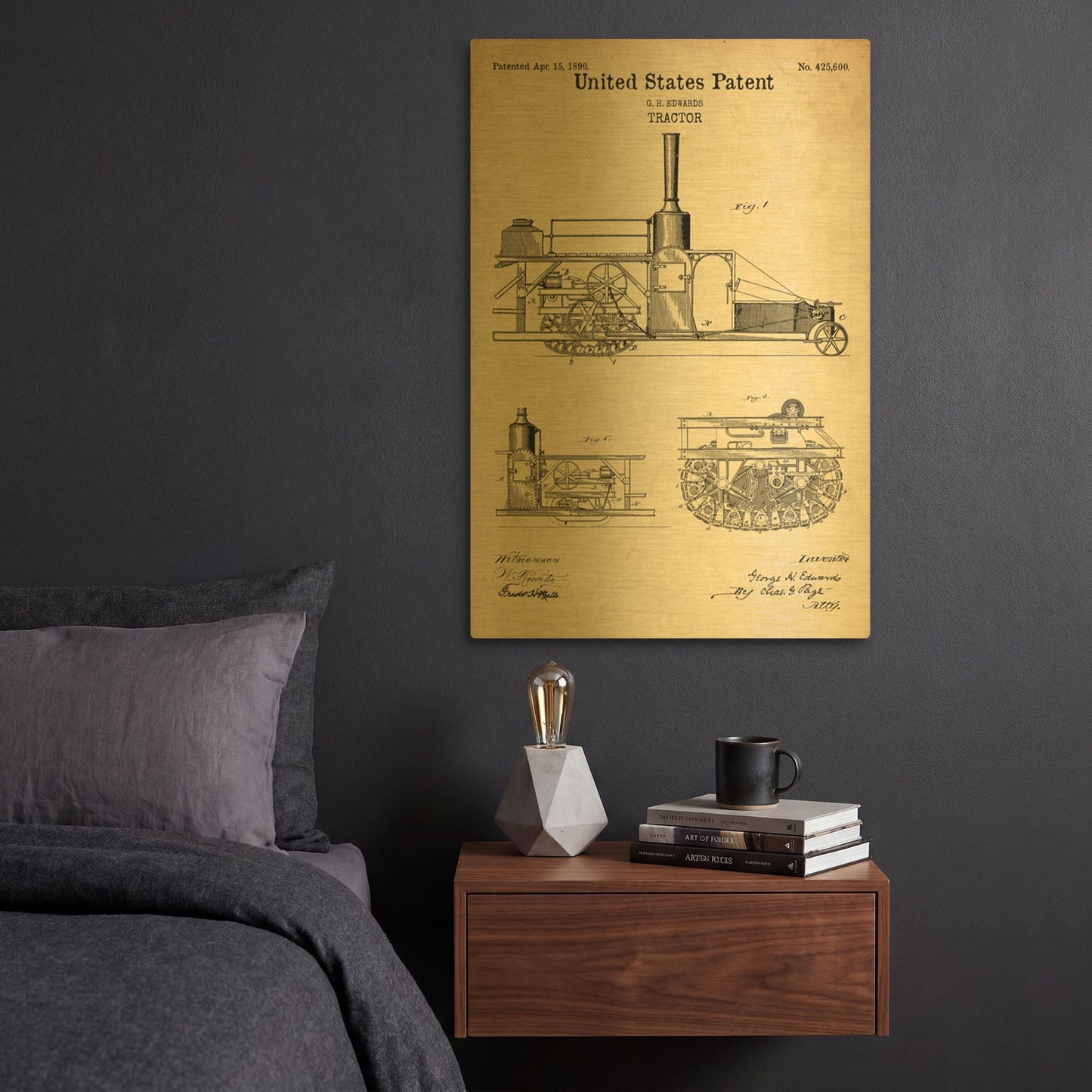 'Tractor Blueprint Patent Parchment' By LUXE Gold Metal Wall Art