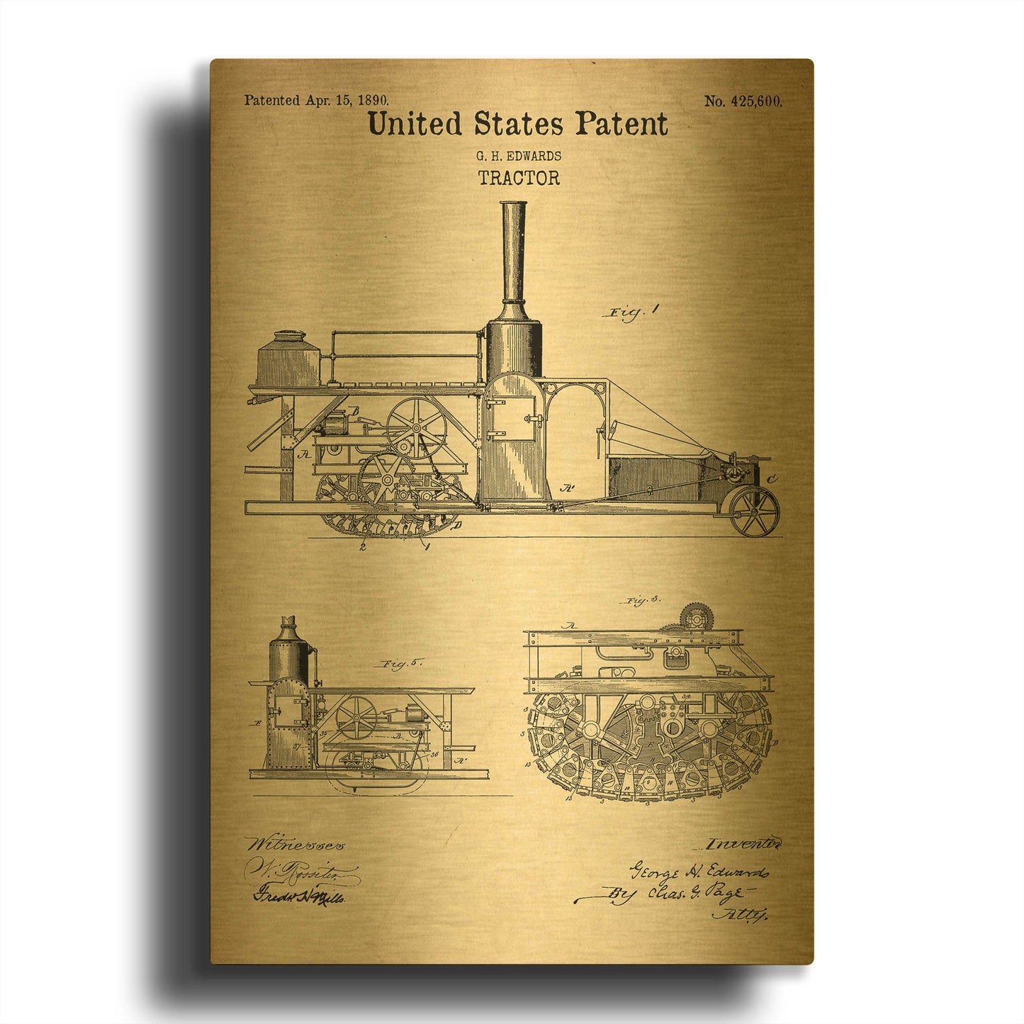 'Tractor Blueprint Patent Parchment' By LUXE Gold Metal Wall Art