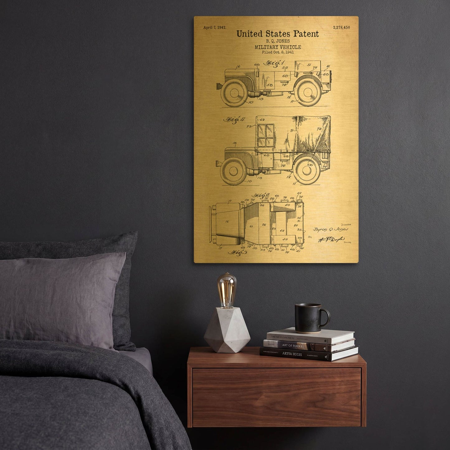 'Military Vehicle Blueprint Patent Parchment' By LUXE Gold Metal Wall Art