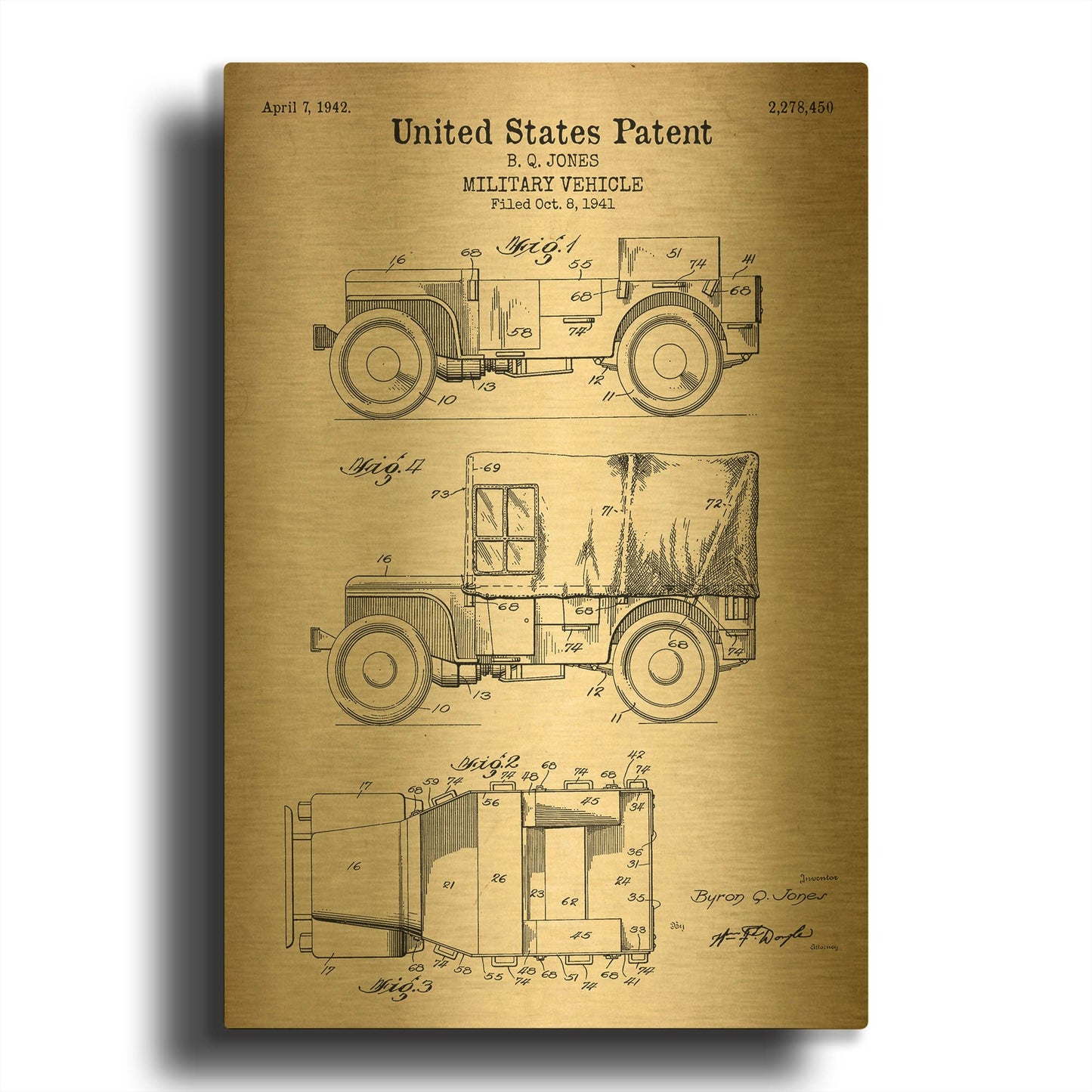 'Military Vehicle Blueprint Patent Parchment' By LUXE Gold Metal Wall Art