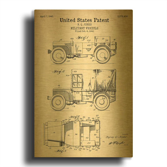 'Military Vehicle Blueprint Patent Parchment' By LUXE Gold Metal Wall Art