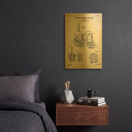 'Distillery Apparatus Blueprint Patent Parchment' By LUXE Gold Metal Wall Art