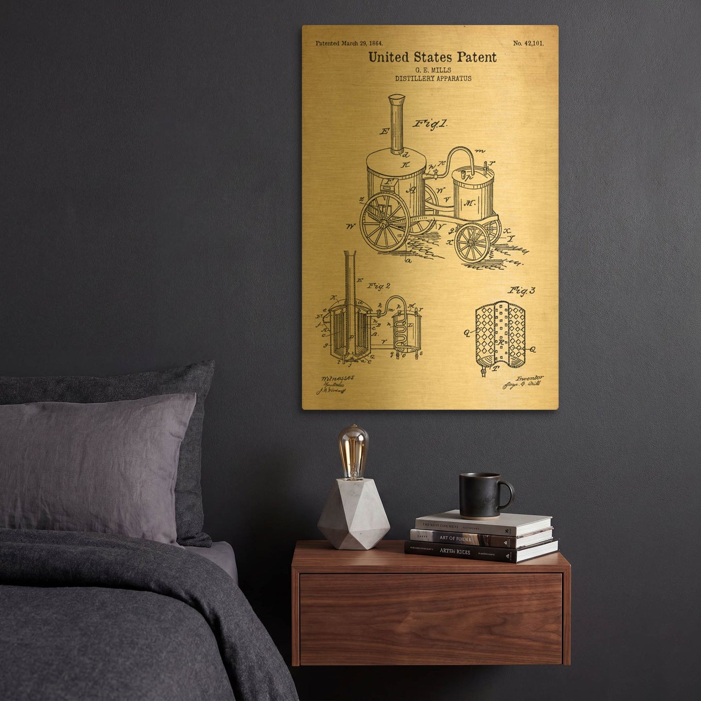 'Distillery Apparatus Blueprint Patent Parchment' By LUXE Gold Metal Wall Art