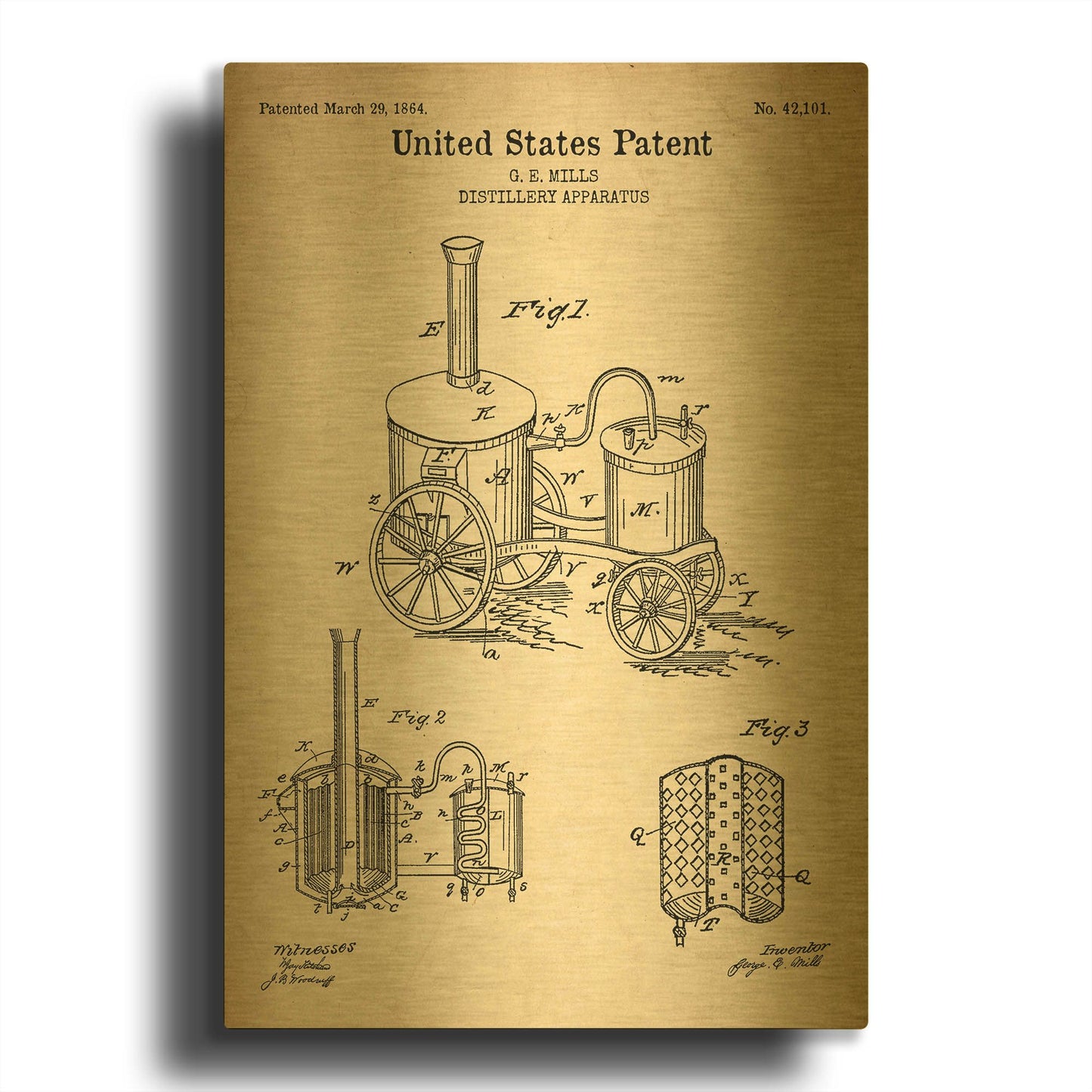 'Distillery Apparatus Blueprint Patent Parchment' By LUXE Gold Metal Wall Art