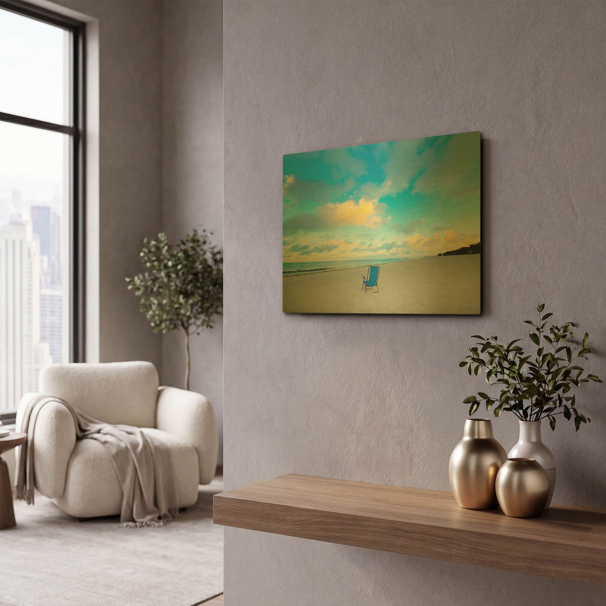 'Chair On Beach' By Jack Reed Gold Metal Wall Art