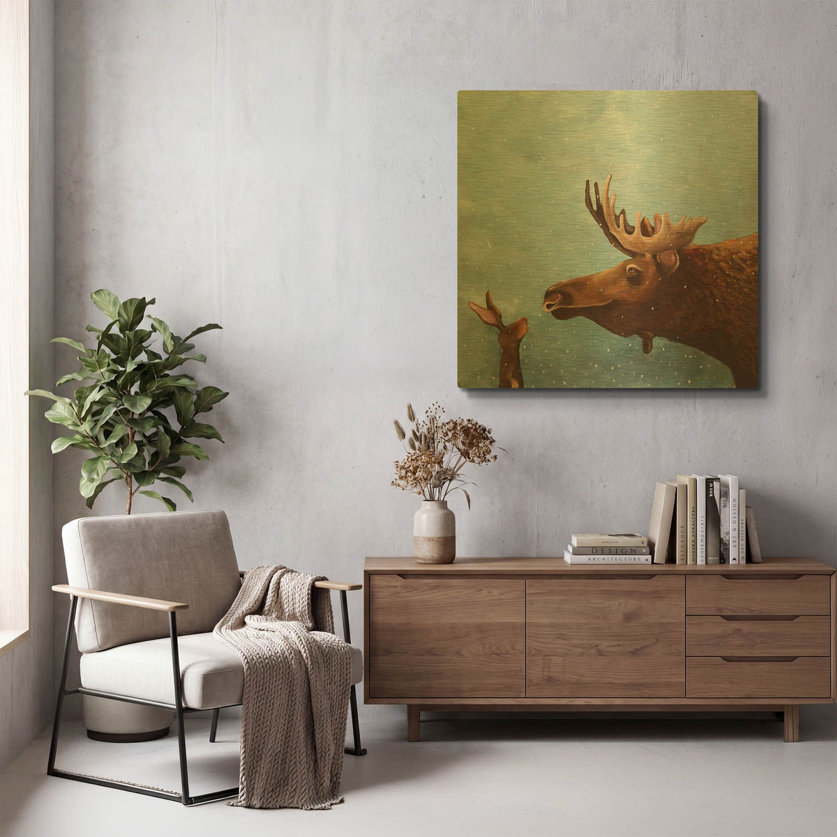 'Moose and Rabbit' By Lucia Stewart Gold Metal Wall Art