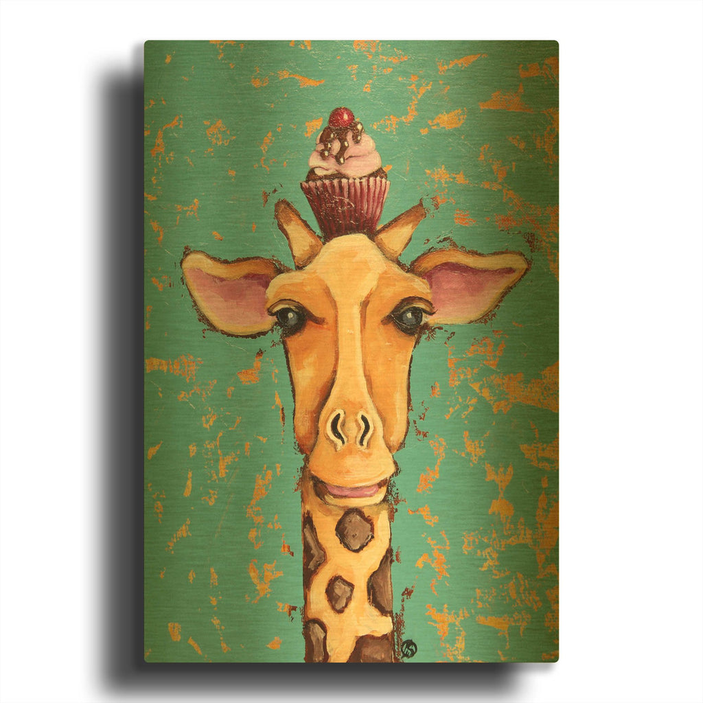 'Giraffe With Cherry on Top' By Lucia Stewart Gold Metal Wall Art
