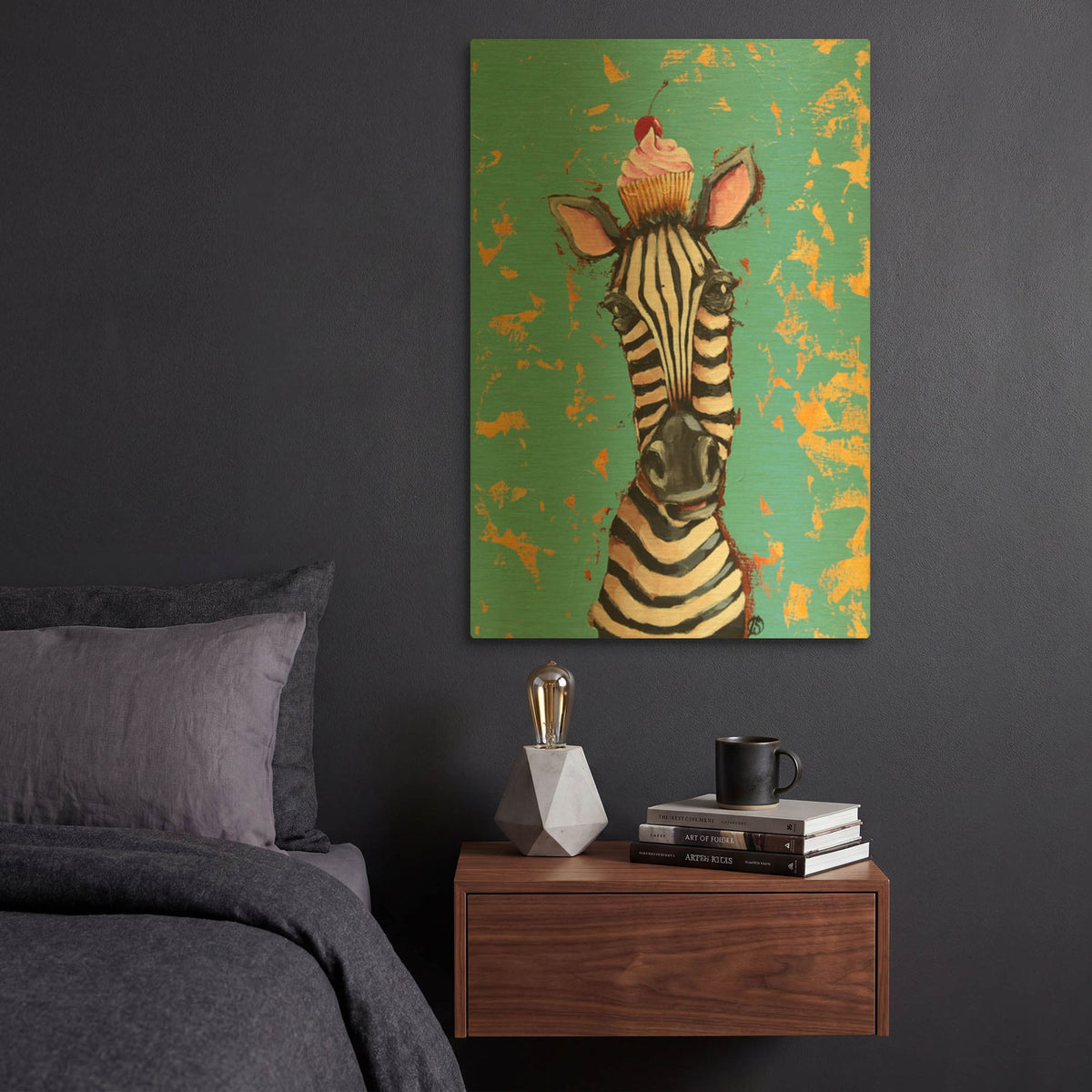 'Zebra With Cherry Cupcake' By Lucia Stewart Gold Metal Wall Art