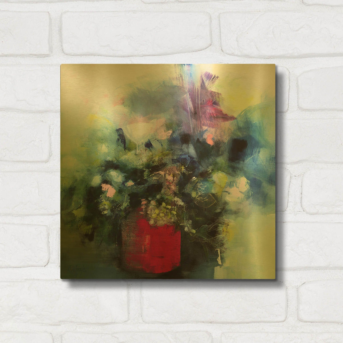 'Flowers In a Pink Pot' By Marianne Quinzin Gold Metal Wall Art