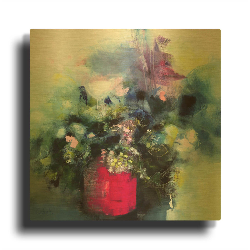 'Flowers In a Pink Pot' By Marianne Quinzin Gold Metal Wall Art