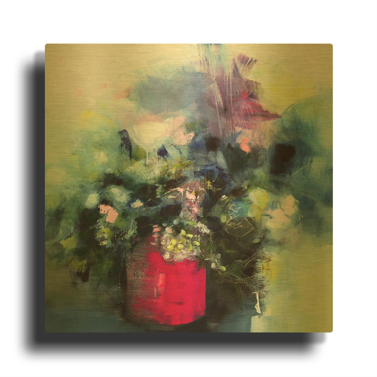 'Flowers In a Pink Pot' By Marianne Quinzin Gold Metal Wall Art