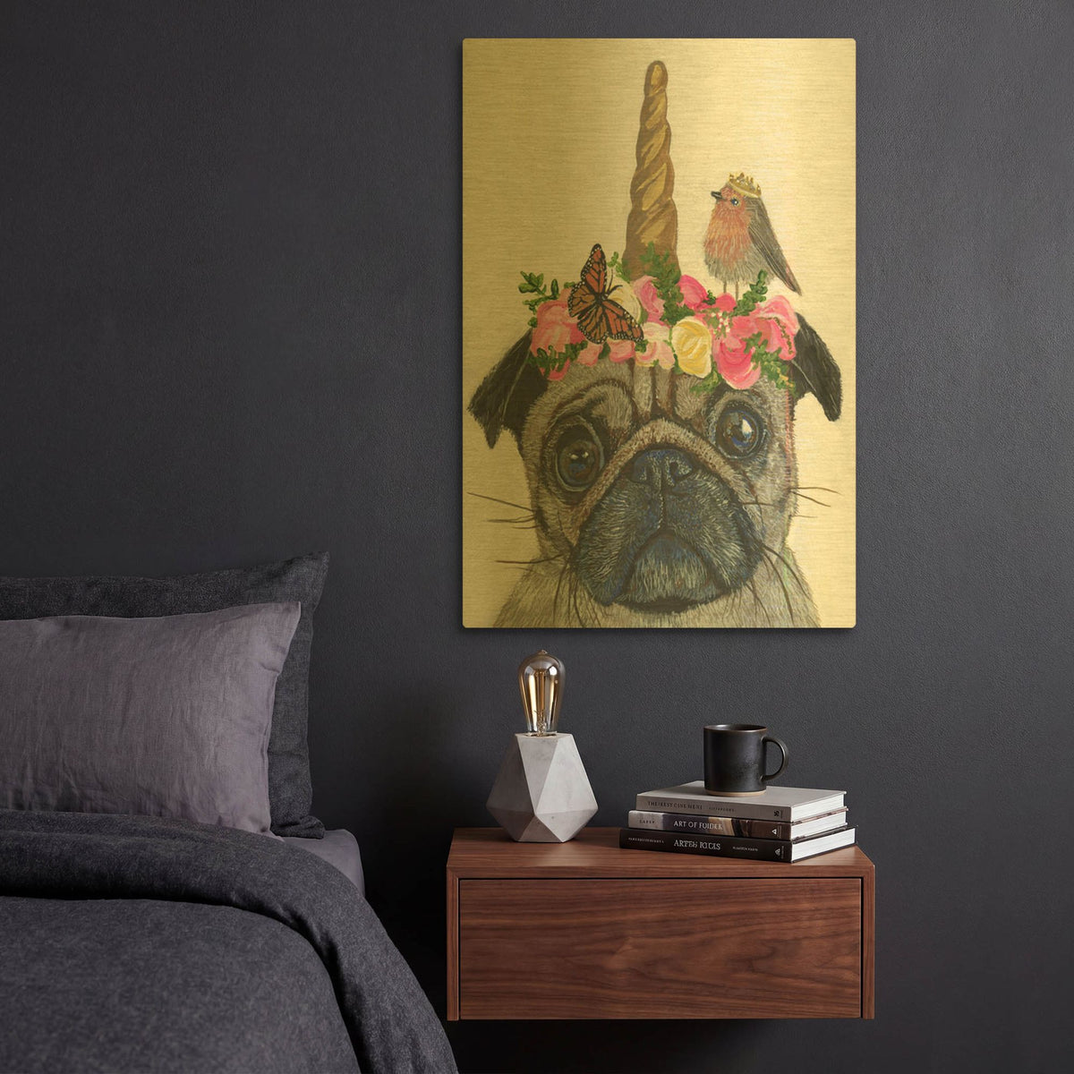 'Unicorn Pug' By Melissa Symons Gold Metal Wall Art