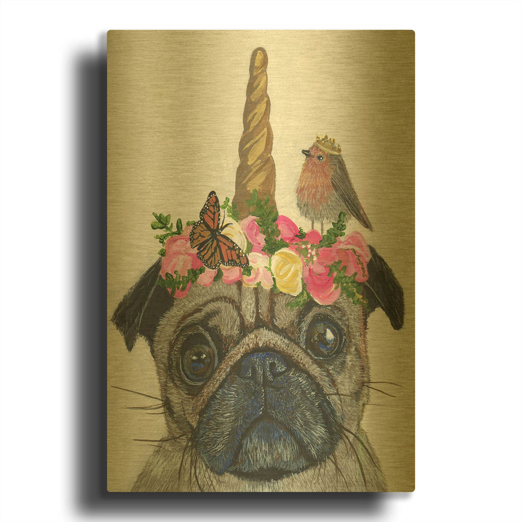 'Unicorn Pug' By Melissa Symons Gold Metal Wall Art