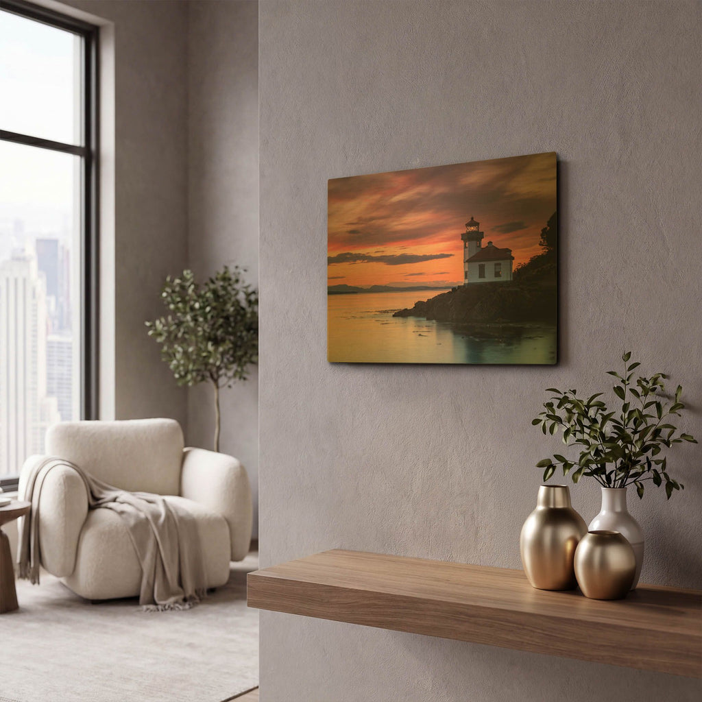 'Orange Sunset at Lime Kiln Lighthouse' By Shawn/Corinne Severn Gold Metal Wall Art
