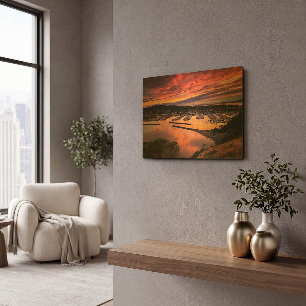 'Red Sunset Over Harbor' By Shawn/Corinne Severn Gold Metal Wall Art