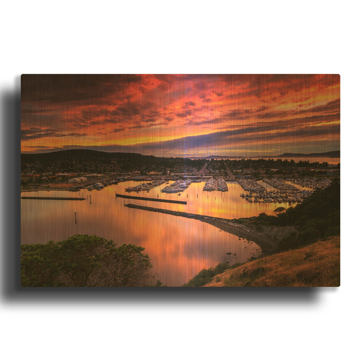 'Red Sunset Over Harbor' By Shawn/Corinne Severn Gold Metal Wall Art
