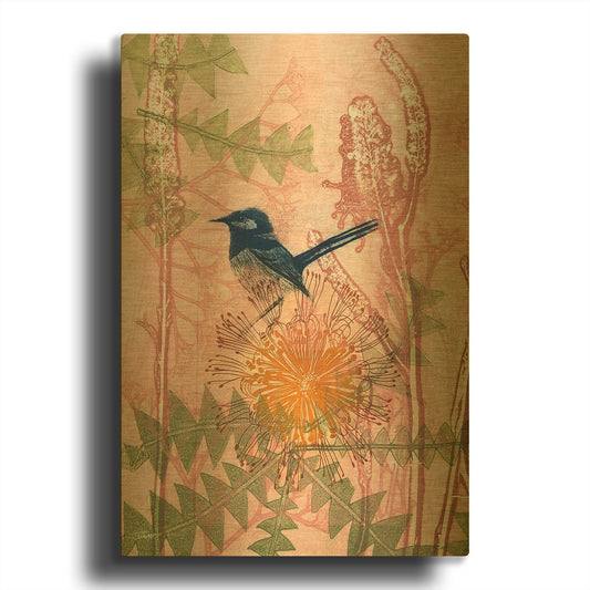'Little Blue Wren' By Trudy Rice Gold Metal Wall Art