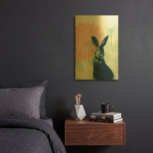 'Pink Waratah and Blue Rabbit' By Trudy Rice Gold Metal Wall Art