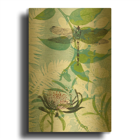 'The Elusive Dragonfly and Waratah' By Trudy Rice Gold Metal Wall Art