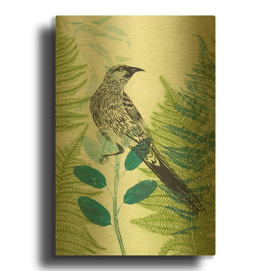 'Wattlebird Hiding in the Fernery' By Trudy Rice Gold Metal Wall Art