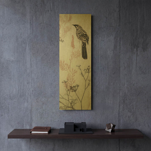 'Wattlebird Hovering In My Garden' By Trudy Rice Gold Metal Wall Art