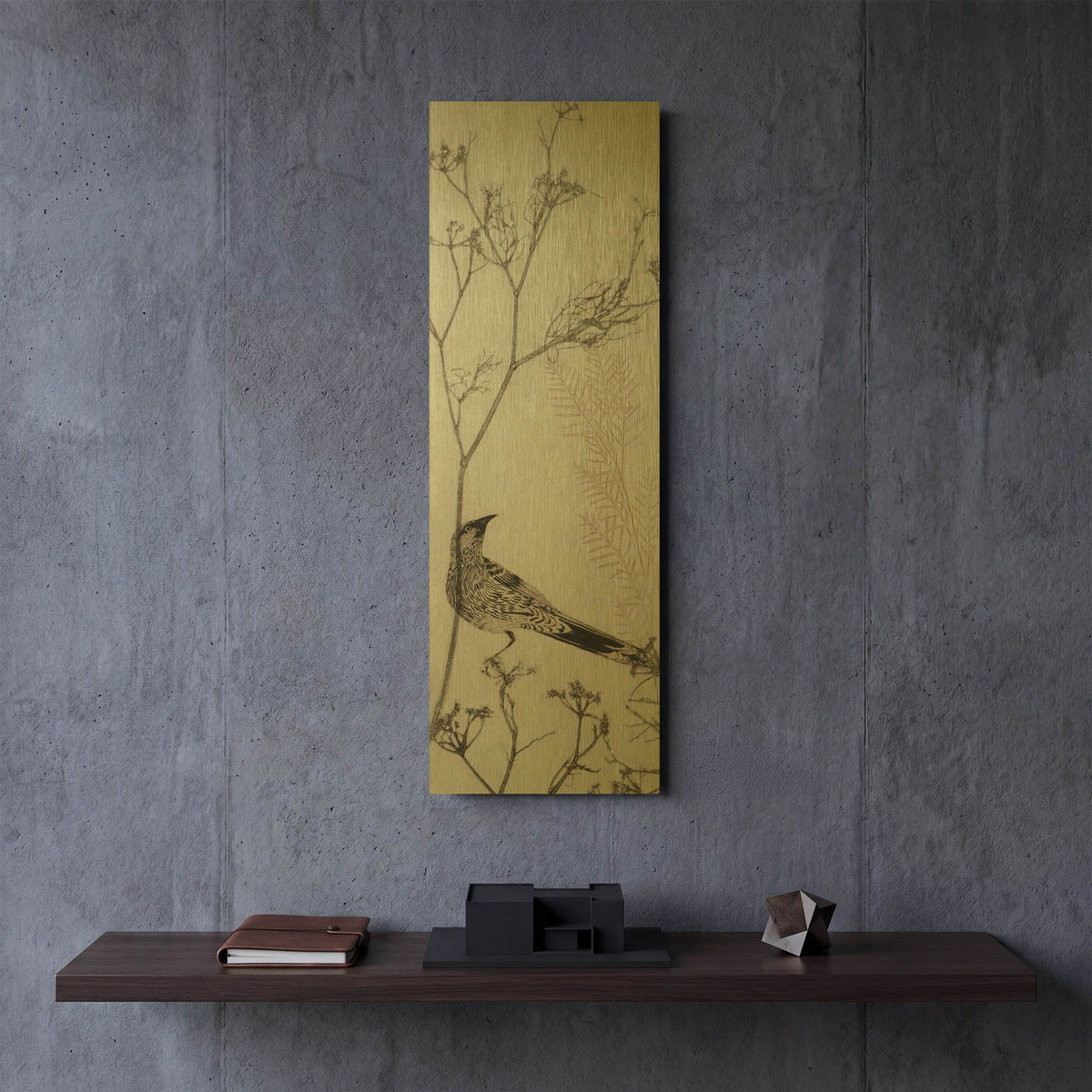 'Wattlebird Resting on a Branch' By Trudy Rice Gold Metal Wall Art