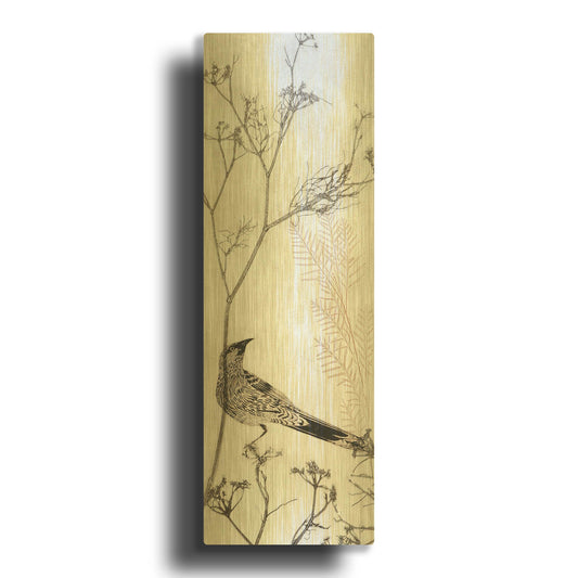 'Wattlebird Resting on a Branch' By Trudy Rice Gold Metal Wall Art