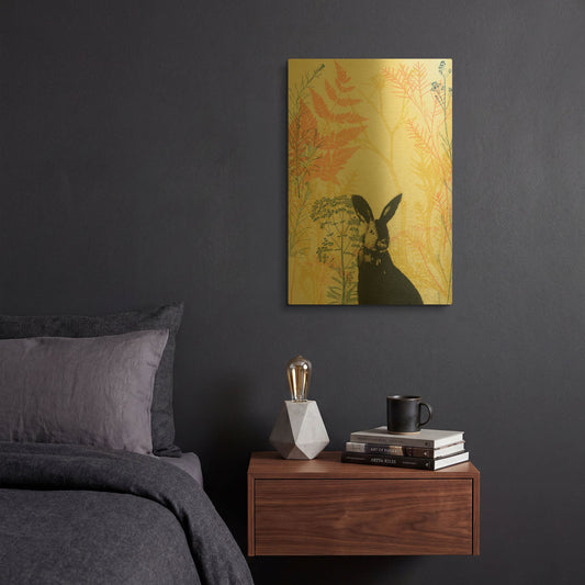 'Wild Bunny in a Shiny Coral Garden' By Trudy Rice Gold Metal Wall Art