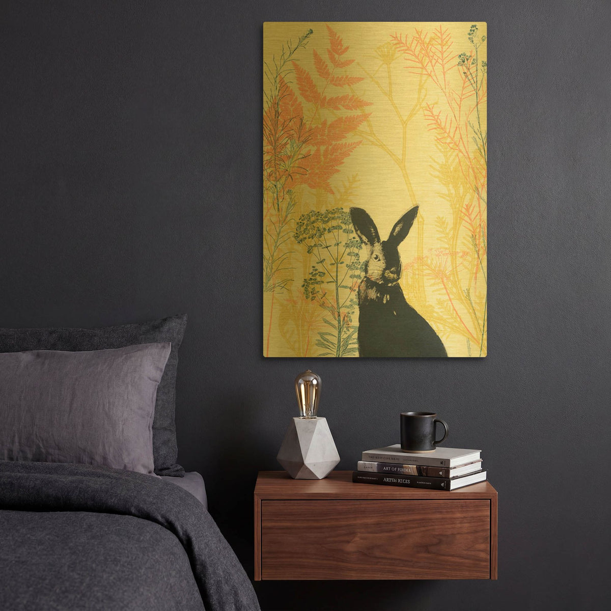 'Wild Bunny in a Shiny Coral Garden' By Trudy Rice Gold Metal Wall Art
