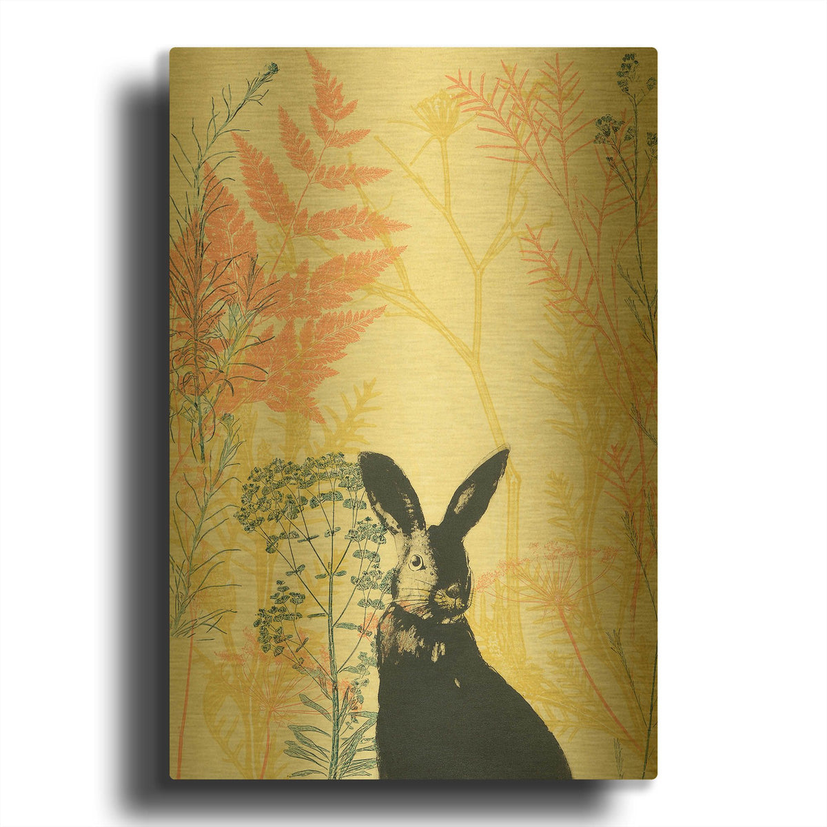 'Wild Bunny in a Shiny Coral Garden' By Trudy Rice Gold Metal Wall Art