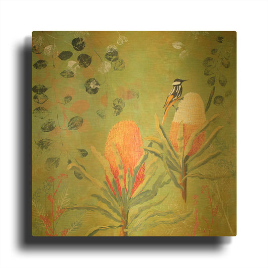 'New Holland Honeyeater upon the Victoria' By Trudy Rice Gold Metal Wall Art