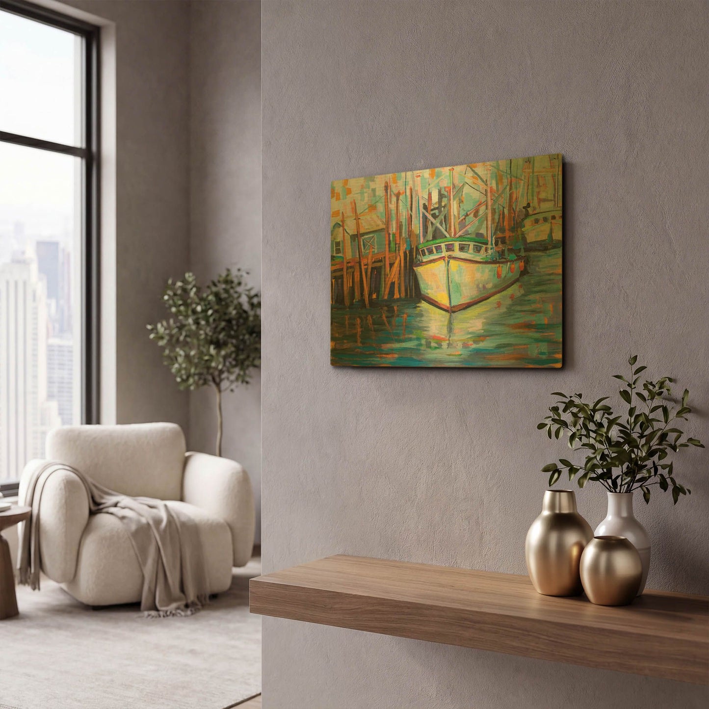 'At the Dock' By Jeanette Vertentes Gold Metal Wall Art