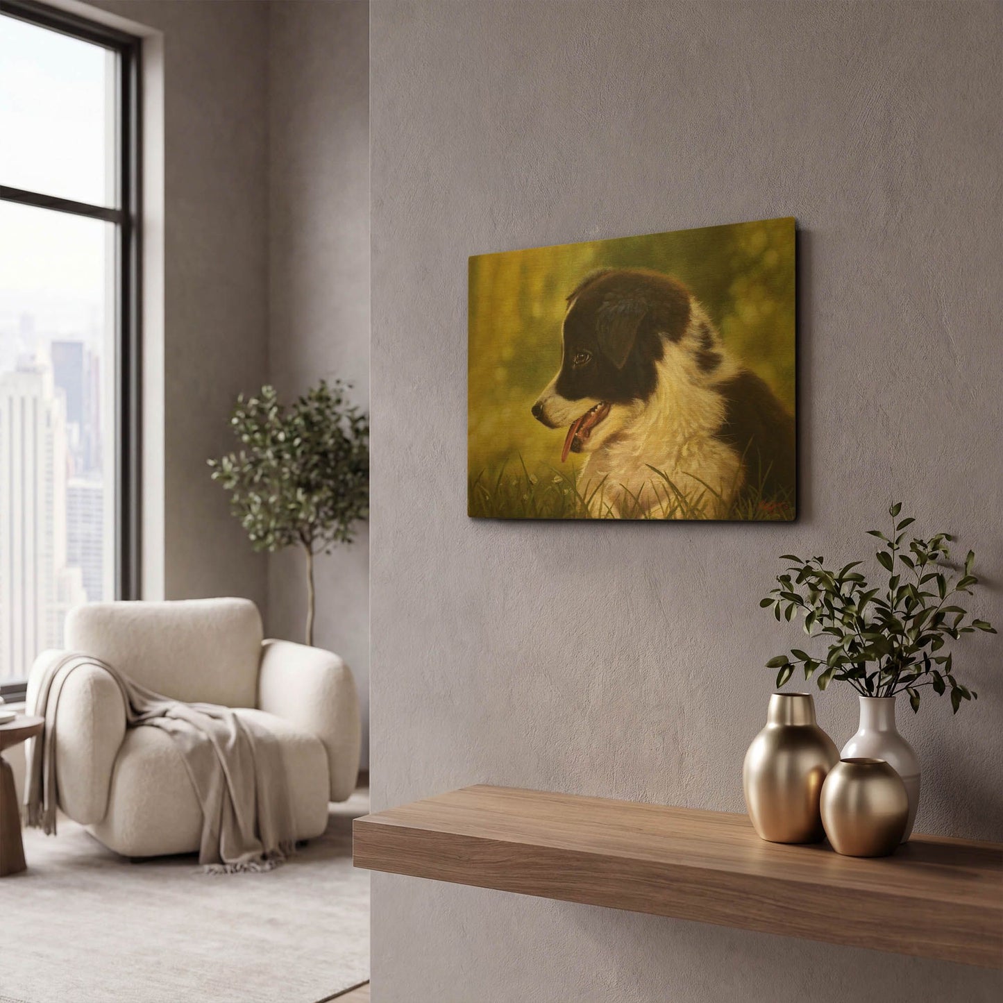 'Border Collie Garden' By John Silver Gold Metal Wall Art