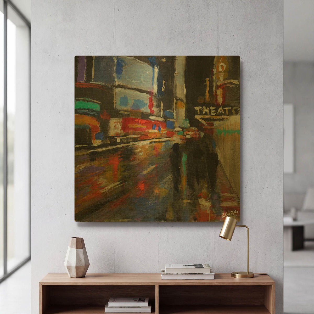 'Broadway at Night' By Solveiga Gold Metal Wall Art