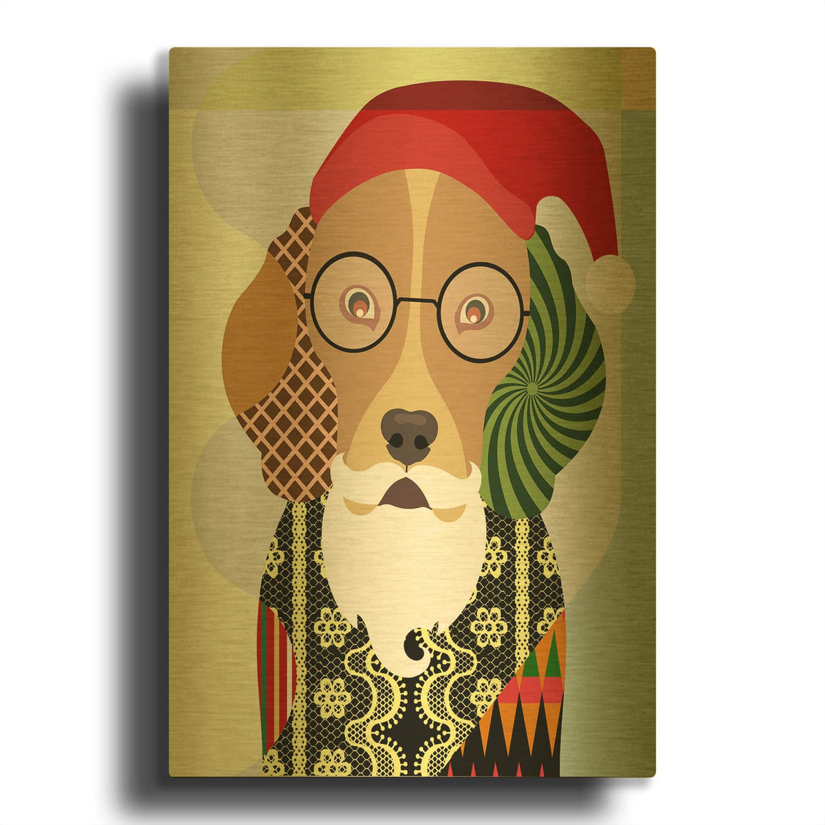 'Santa Beagle' By Lanre Adefioyue Gold Metal Wall Art