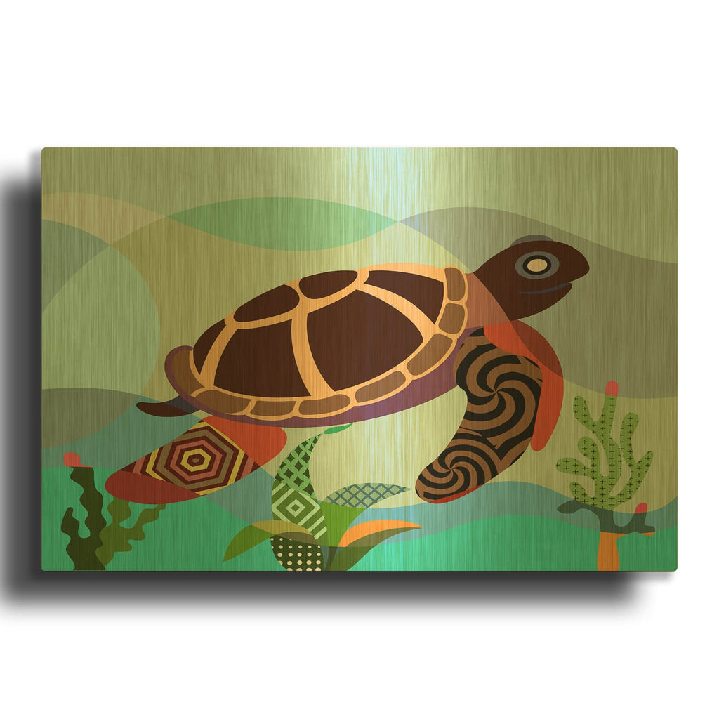 'Spectrum Sea Turtle' By Lanre Adefioyue Gold Metal Wall Art