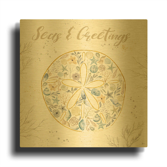 'Seaside Blossoms IV Blue Greetings' By Jess Aiken Gold Metal Wall Art