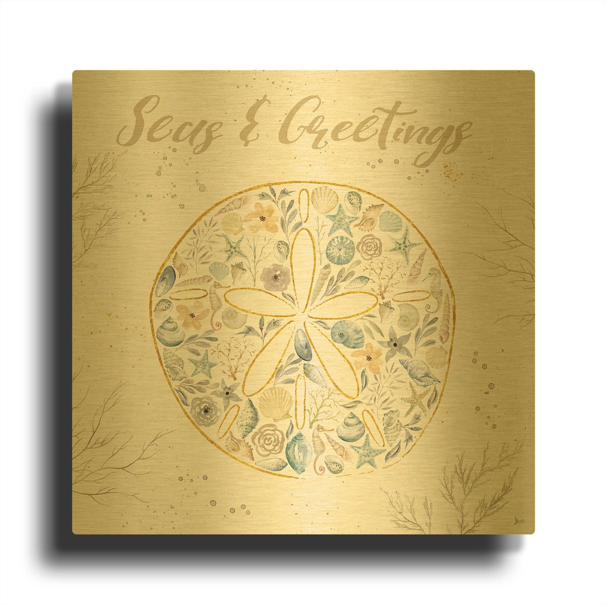 'Seaside Blossoms IV Blue Greetings' By Jess Aiken Gold Metal Wall Art