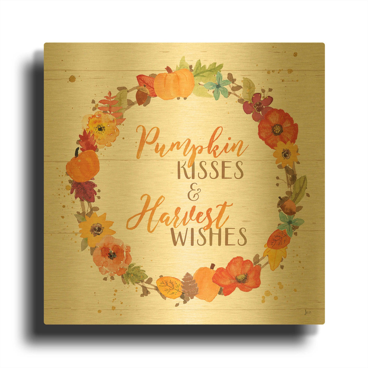 'Harvest Wishes II on Wood' By Jess Aiken Gold Metal Wall Art