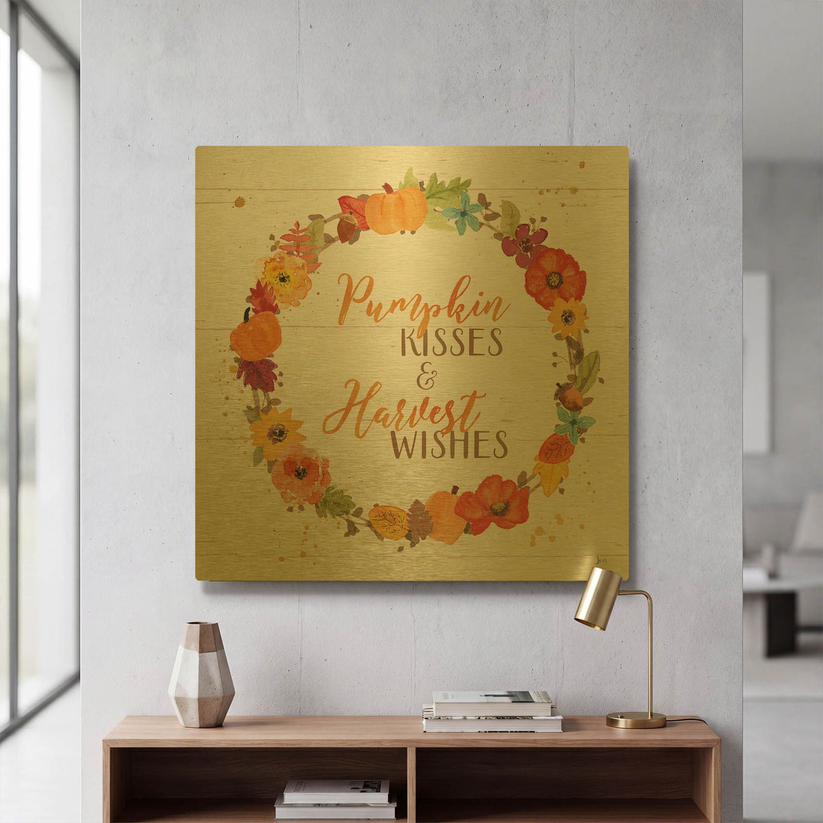 'Harvest Wishes II on Wood' By Jess Aiken Gold Metal Wall Art
