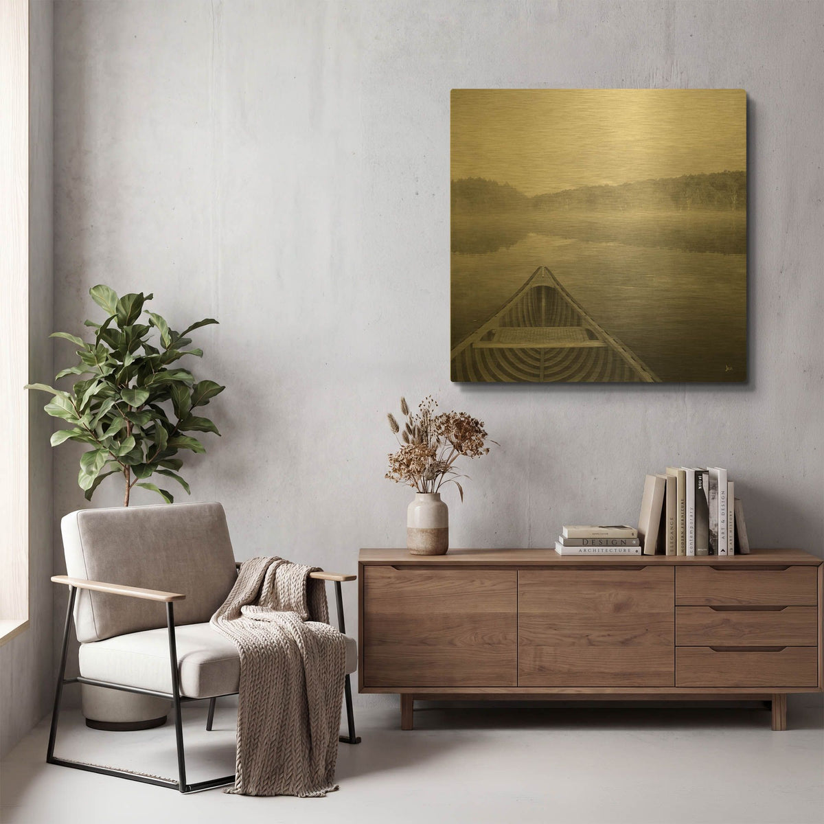 'Calm Waters Canoe I BW' By Jess Aiken Gold Metal Wall Art