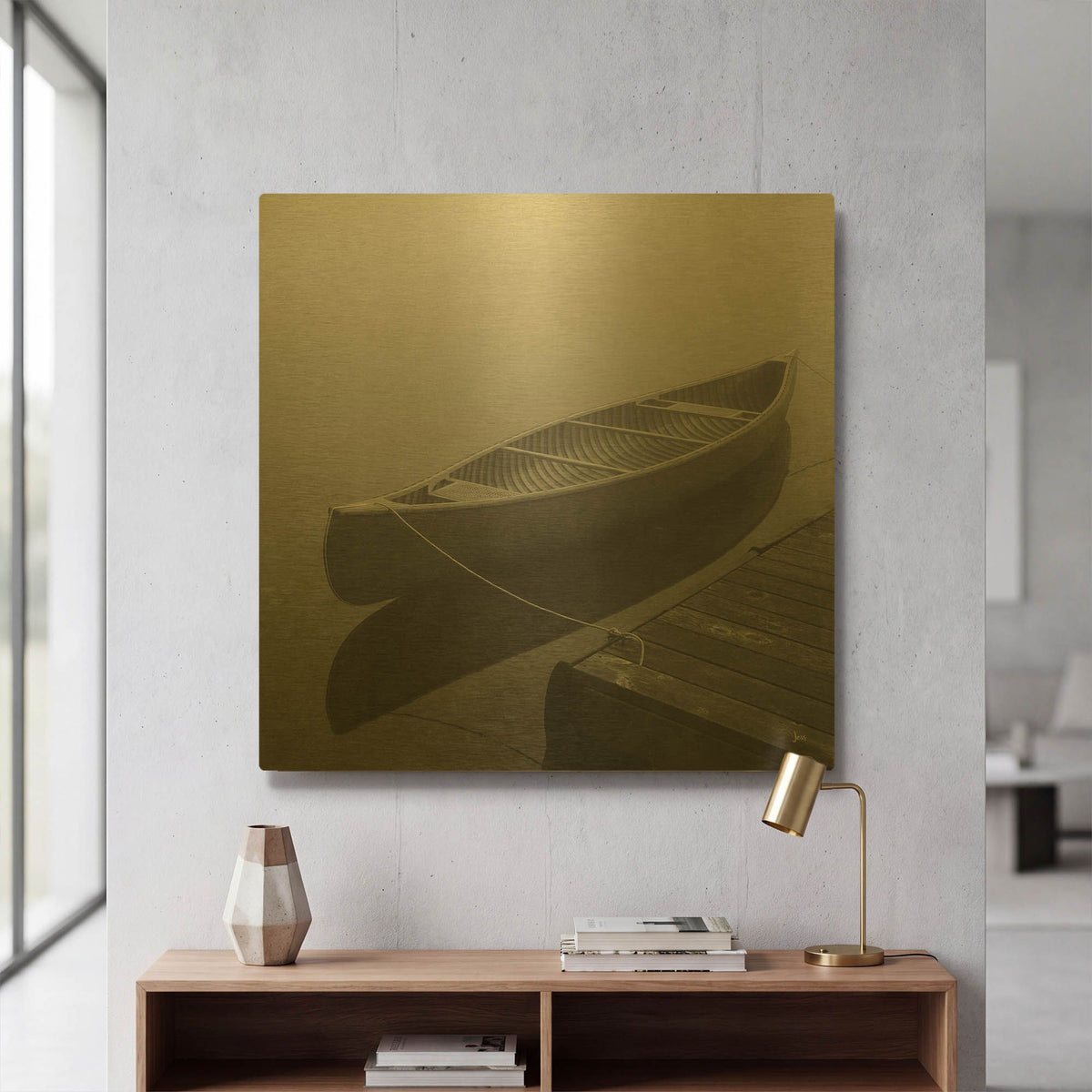 'Calm Waters Canoe II BW' By Jess Aiken Gold Metal Wall Art
