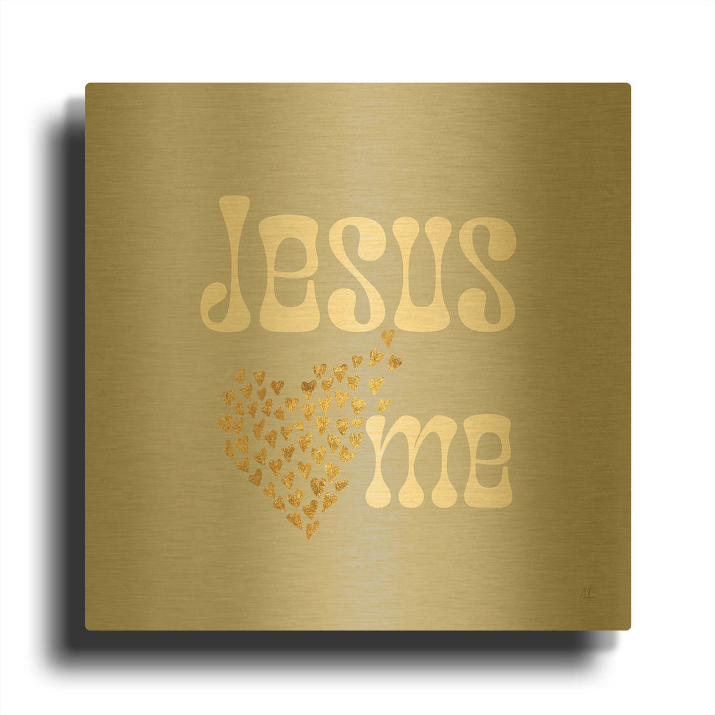 'Jesus Loves Me Gray' By Sarah Adams Gold Metal Wall Art