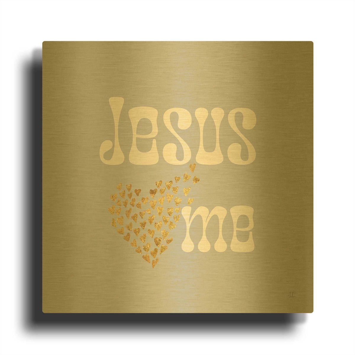 'Jesus Loves Me Gray' By Sarah Adams Gold Metal Wall Art