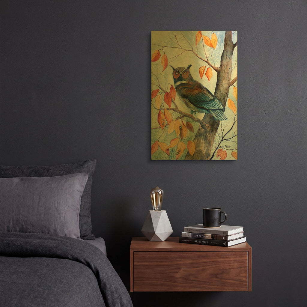 'Owl and Autumn Leaves' By Arie Reinhardt Taylor Gold Metal Wall Art