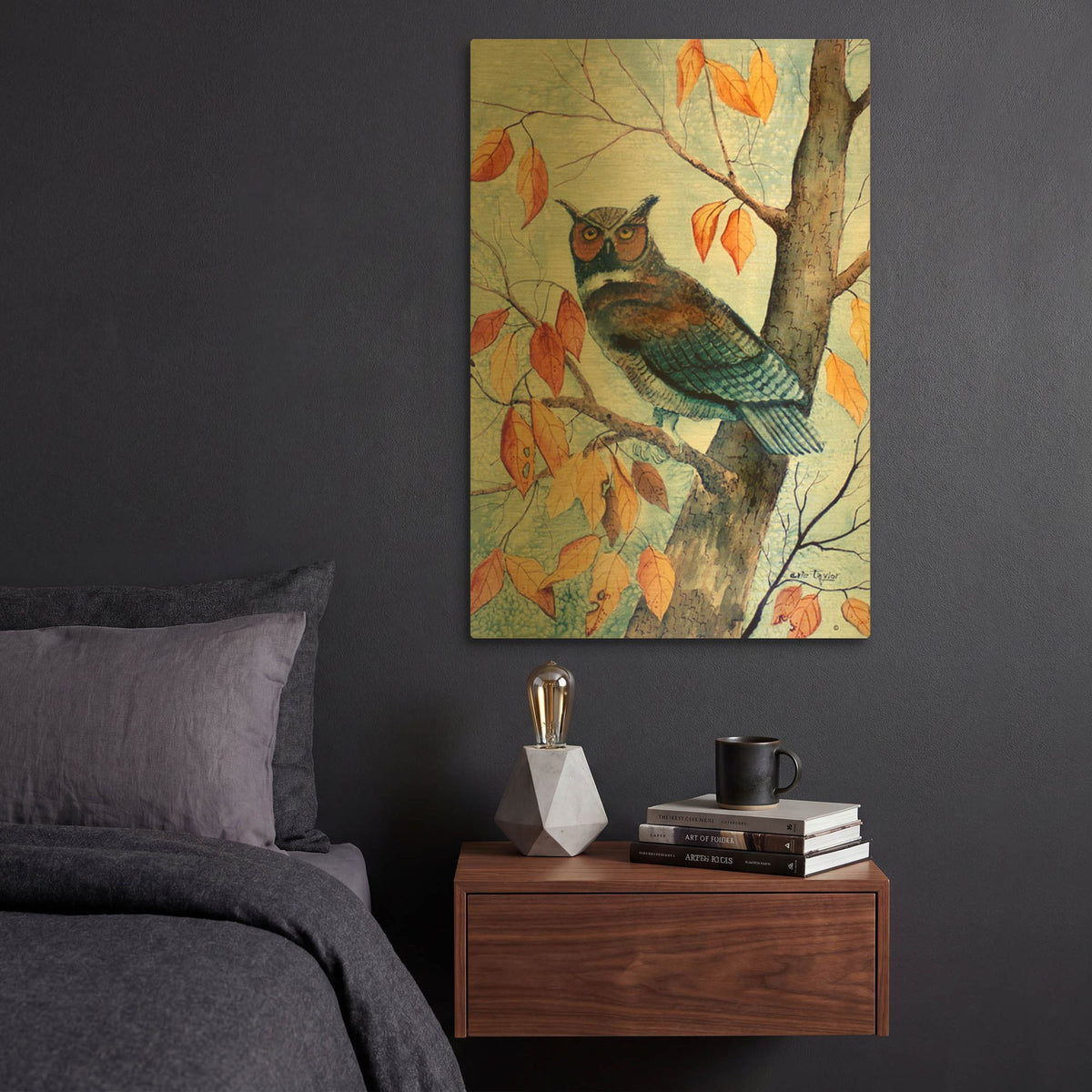 'Owl and Autumn Leaves' By Arie Reinhardt Taylor Gold Metal Wall Art