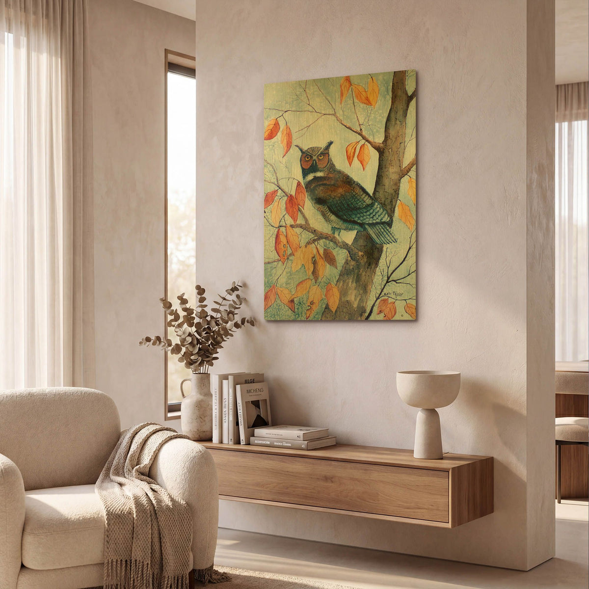 'Owl and Autumn Leaves' By Arie Reinhardt Taylor Gold Metal Wall Art